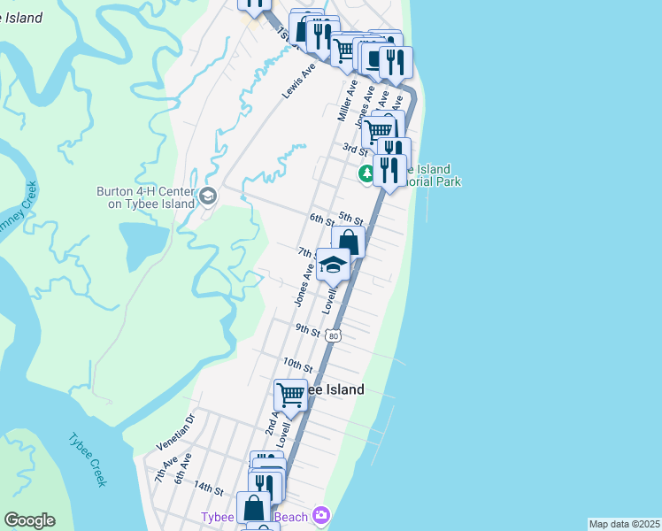 map of restaurants, bars, coffee shops, grocery stores, and more near 203 7th Street in Tybee Island