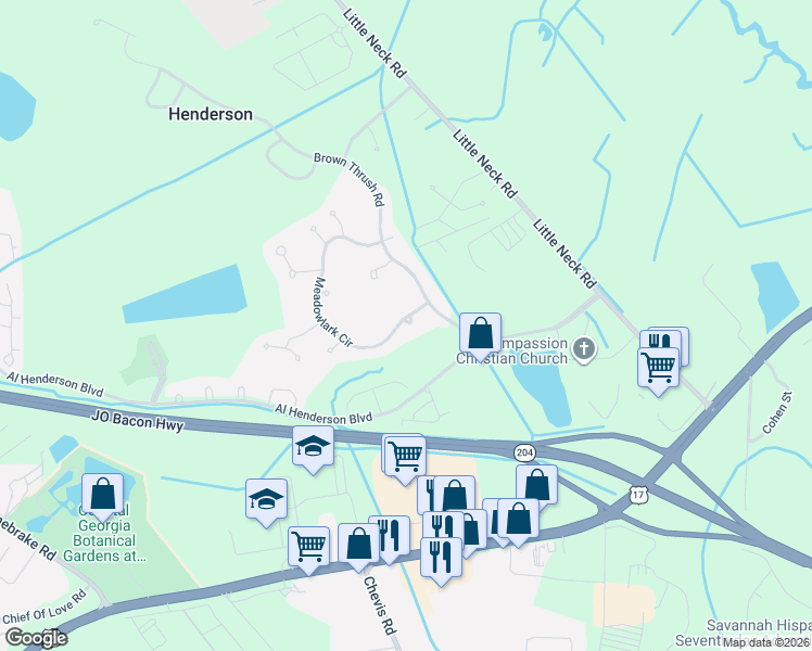 map of restaurants, bars, coffee shops, grocery stores, and more near 109 Meadowlark Circle in Savannah