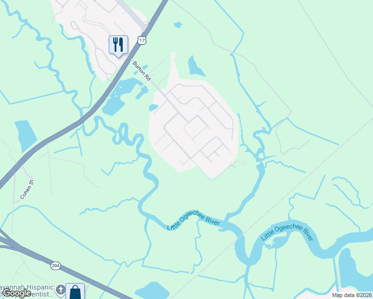 map of restaurants, bars, coffee shops, grocery stores, and more near 160 Burton Road in Savannah