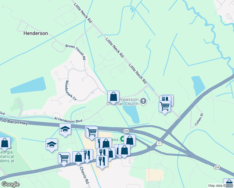 map of restaurants, bars, coffee shops, grocery stores, and more near 76 Al Henderson Boulevard in Savannah