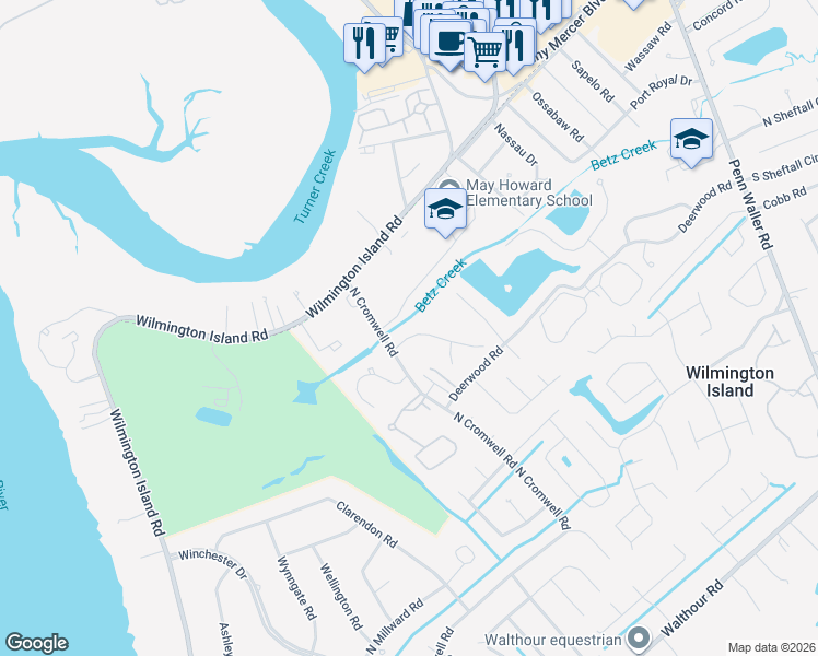 map of restaurants, bars, coffee shops, grocery stores, and more near 401 North Cromwell Road in Savannah