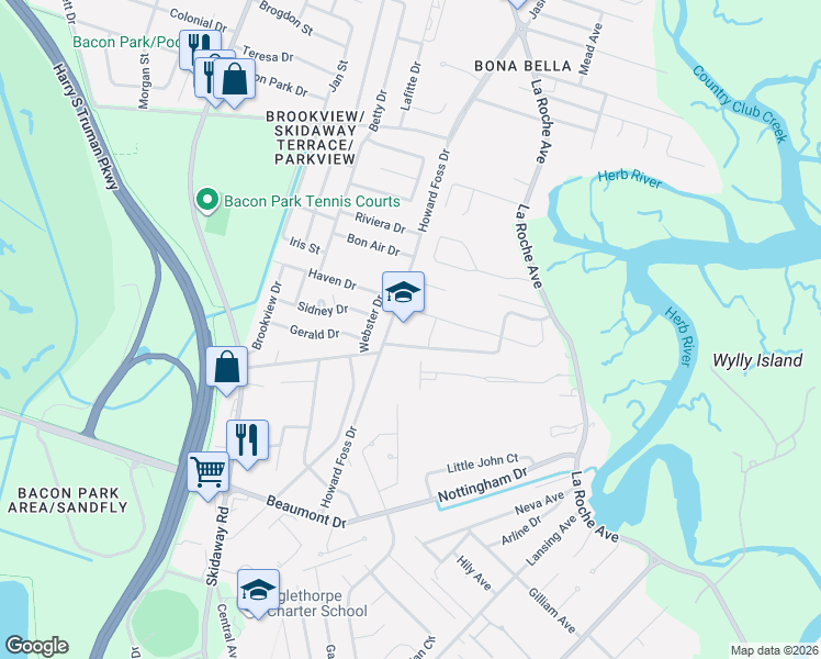 map of restaurants, bars, coffee shops, grocery stores, and more near 6600 Howard Foss Drive in Savannah