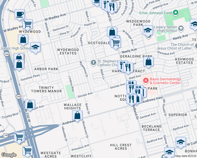 map of restaurants, bars, coffee shops, grocery stores, and more near 4607 Humble Avenue in Midland