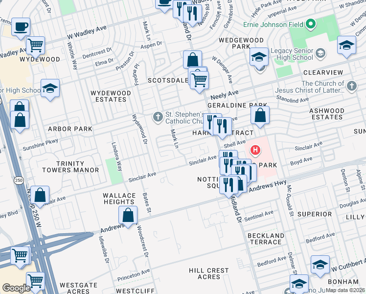 map of restaurants, bars, coffee shops, grocery stores, and more near 4423 Humble Avenue in Midland