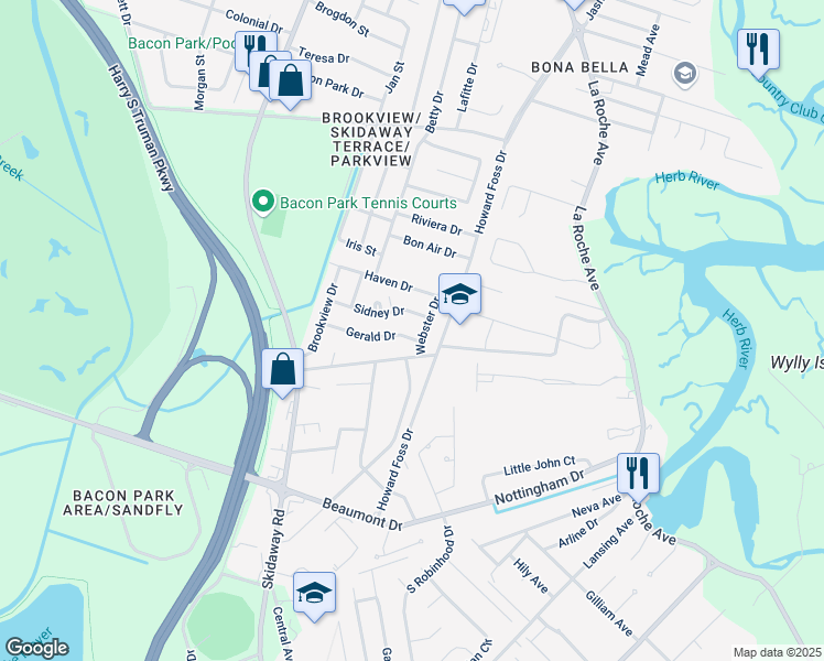 map of restaurants, bars, coffee shops, grocery stores, and more near 16 Webster Drive in Savannah