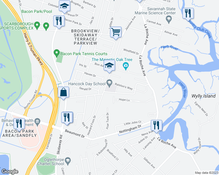 map of restaurants, bars, coffee shops, grocery stores, and more near 6600 Howard Foss Drive in Savannah