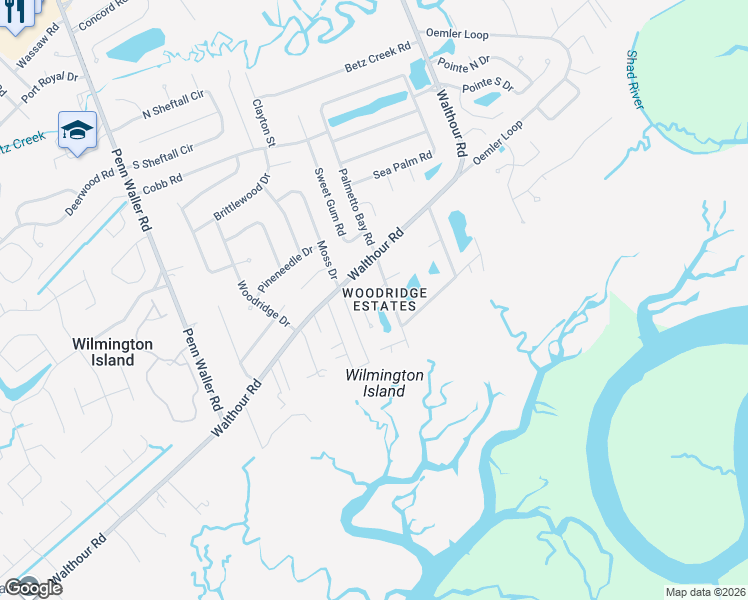 map of restaurants, bars, coffee shops, grocery stores, and more near 905 Sandpiper Road in Savannah