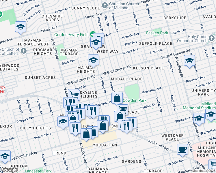 map of restaurants, bars, coffee shops, grocery stores, and more near 2902 Sentinel Drive in Midland
