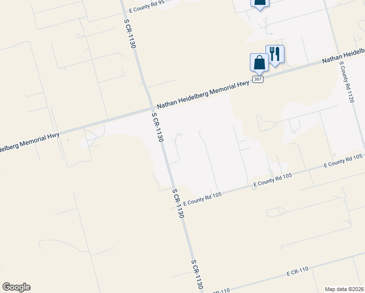 map of restaurants, bars, coffee shops, grocery stores, and more near 2105 South County Road 1129 in Midland
