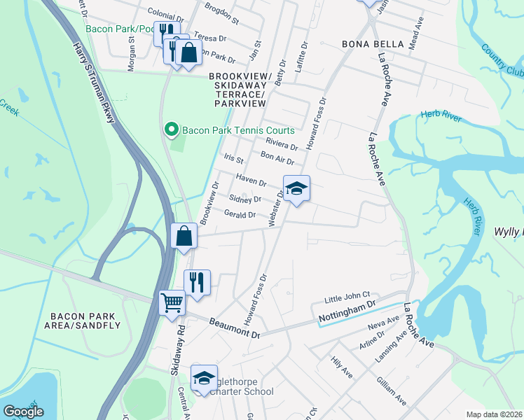 map of restaurants, bars, coffee shops, grocery stores, and more near 16 Webster Drive in Savannah