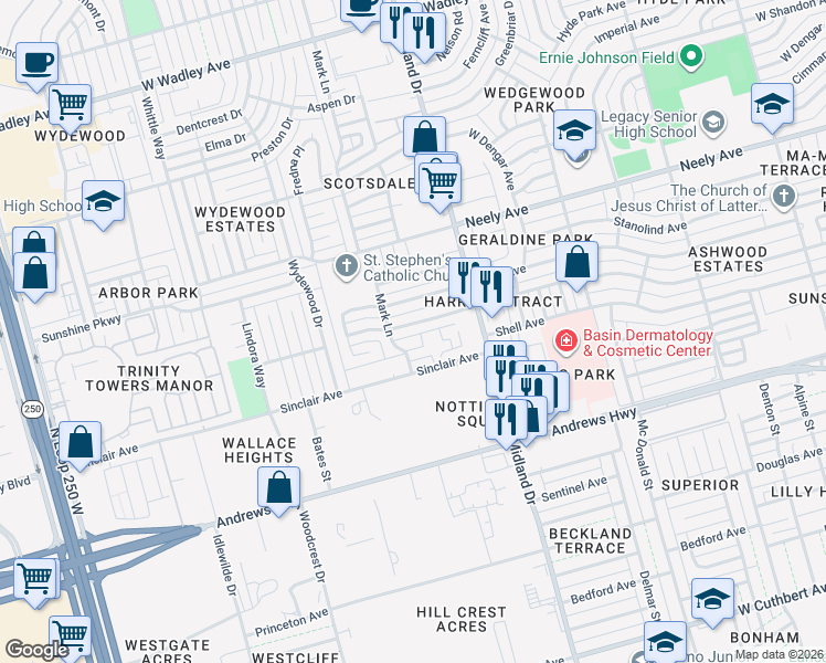 map of restaurants, bars, coffee shops, grocery stores, and more near 4421 Humble Avenue in Midland