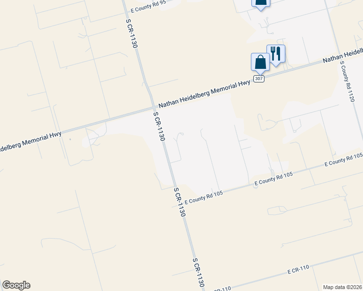 map of restaurants, bars, coffee shops, grocery stores, and more near 2105 South County Road 1129 in Midland