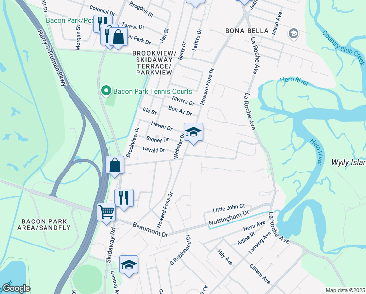 map of restaurants, bars, coffee shops, grocery stores, and more near 16 Webster Drive in Savannah