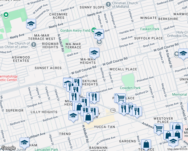 map of restaurants, bars, coffee shops, grocery stores, and more near 3007 Lockheed Drive in Midland