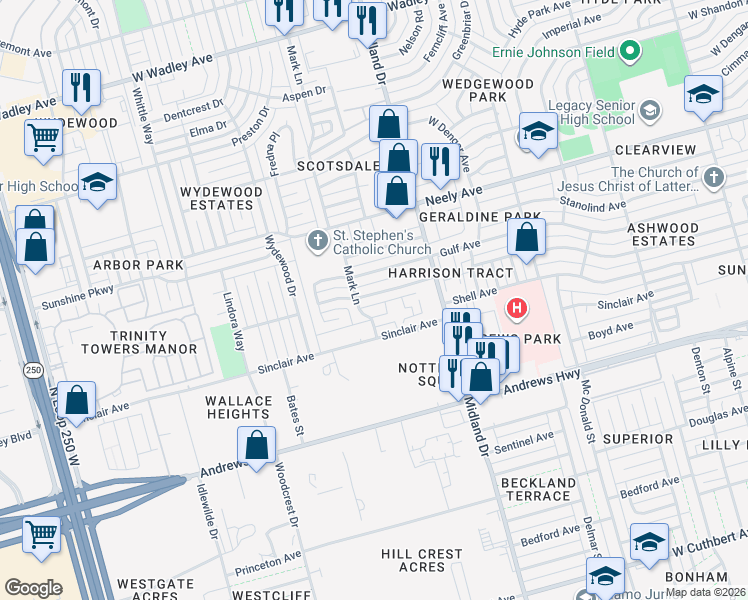 map of restaurants, bars, coffee shops, grocery stores, and more near 4423 Humble Avenue in Midland