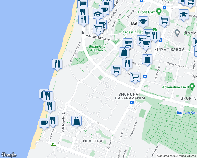 map of restaurants, bars, coffee shops, grocery stores, and more near in Bat Yam