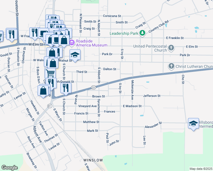 map of restaurants, bars, coffee shops, grocery stores, and more near 102 Anderson Street in Hillsboro