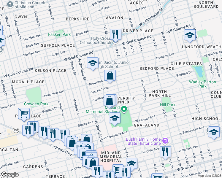 map of restaurants, bars, coffee shops, grocery stores, and more near 2007 Harvard Avenue in Midland