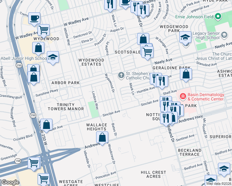 map of restaurants, bars, coffee shops, grocery stores, and more near 2204 Wydewood Drive in Midland