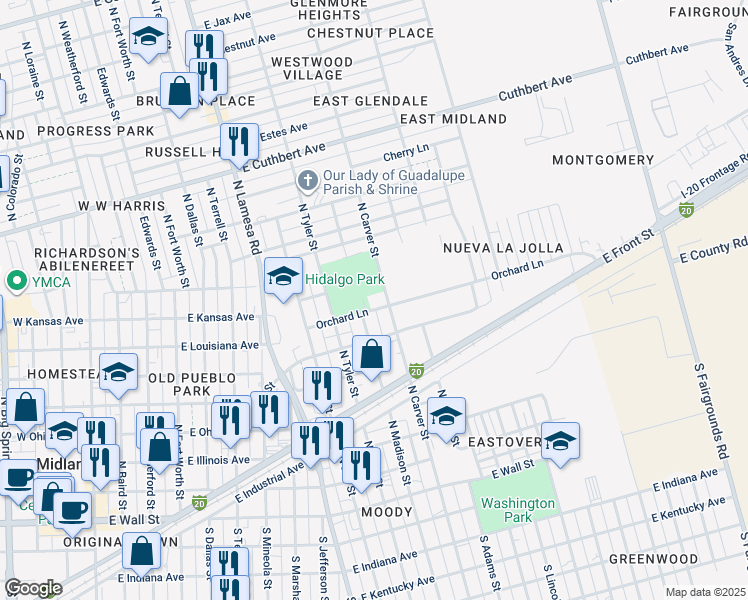map of restaurants, bars, coffee shops, grocery stores, and more near 1401 Orchard Lane in Midland