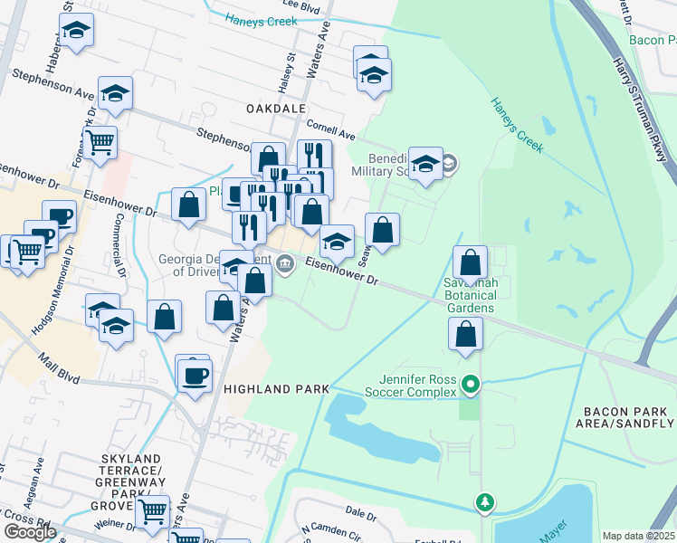 map of restaurants, bars, coffee shops, grocery stores, and more near in Savannah