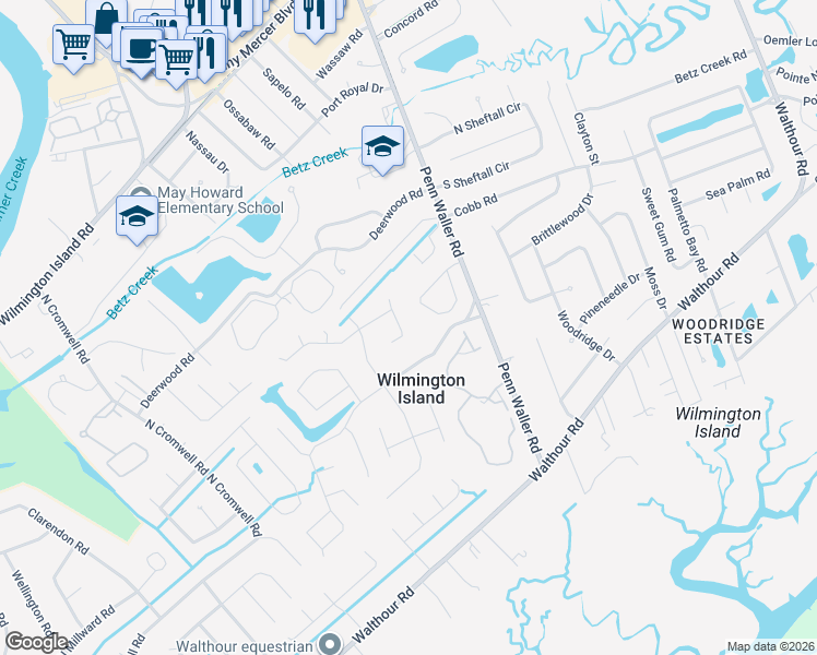 map of restaurants, bars, coffee shops, grocery stores, and more near 108 South Brompton Court in Savannah