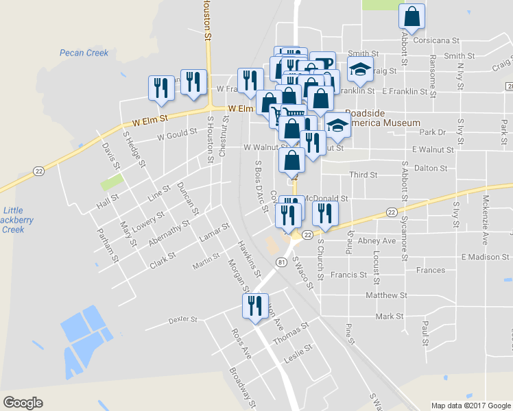 map of restaurants, bars, coffee shops, grocery stores, and more near 202 Lamar Street in Hillsboro
