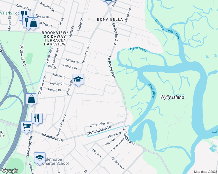 map of restaurants, bars, coffee shops, grocery stores, and more near 109 Caroline's Retreat in Savannah