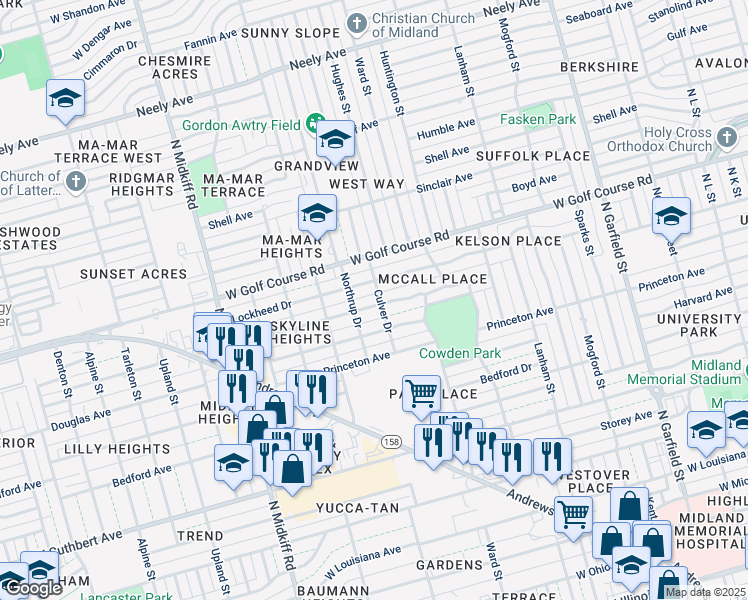 map of restaurants, bars, coffee shops, grocery stores, and more near 2902 Sentinel Drive in Midland