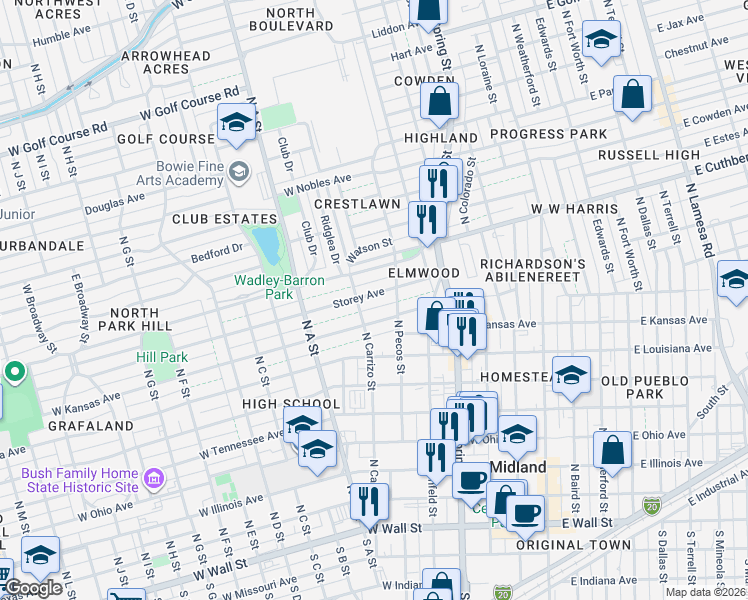 map of restaurants, bars, coffee shops, grocery stores, and more near 613 Storey Avenue in Midland