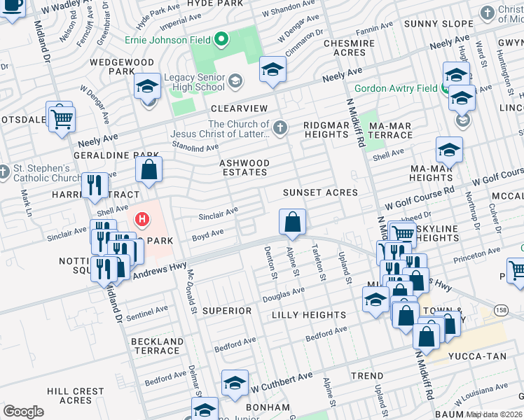 map of restaurants, bars, coffee shops, grocery stores, and more near 3500 Boyd Avenue in Midland