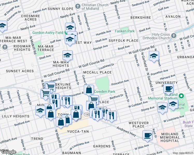 map of restaurants, bars, coffee shops, grocery stores, and more near 2709 Sentinel Drive in Midland