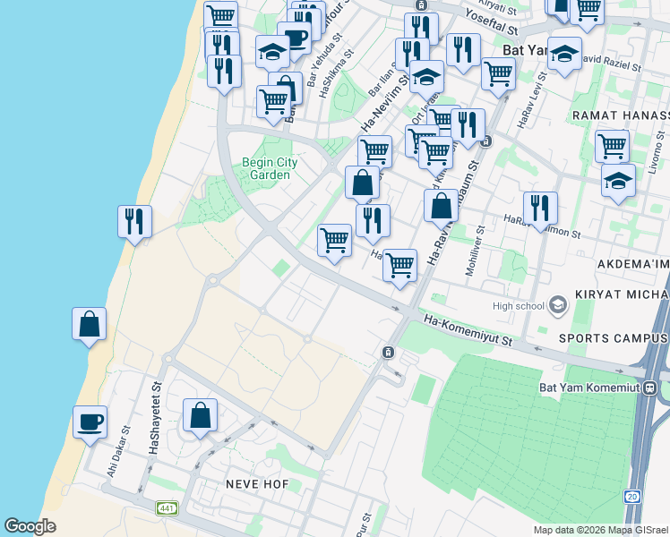 map of restaurants, bars, coffee shops, grocery stores, and more near in Bat Yam