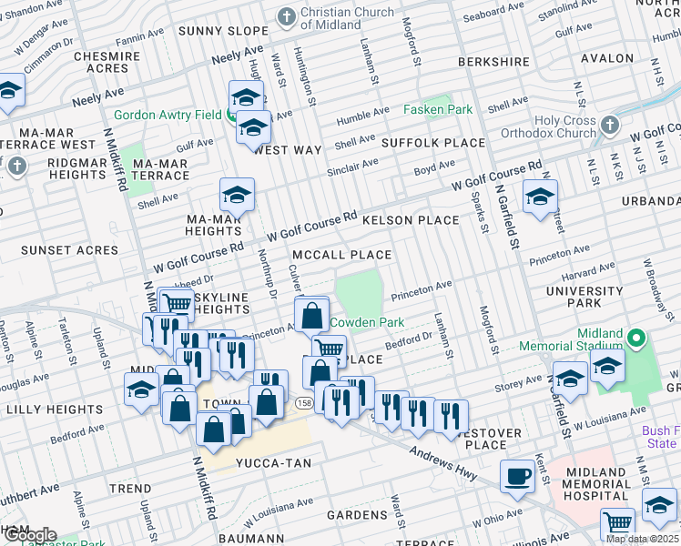 map of restaurants, bars, coffee shops, grocery stores, and more near 2709 Sentinel Drive in Midland