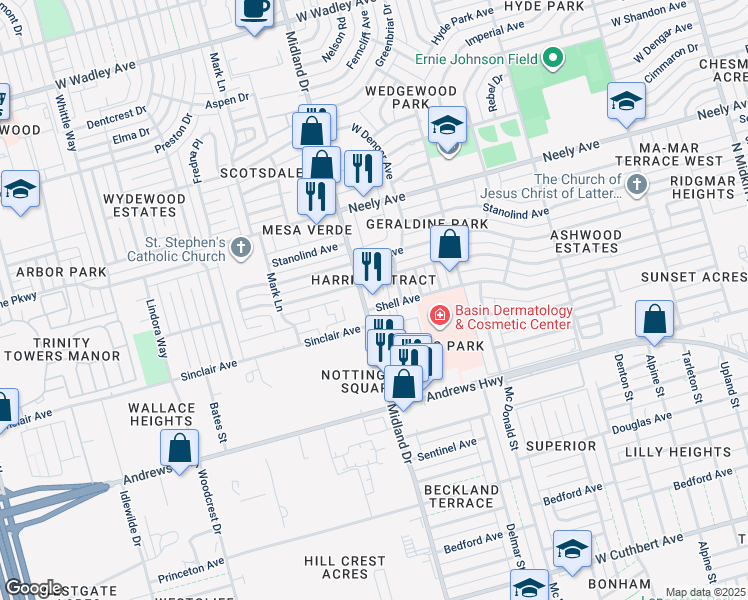 map of restaurants, bars, coffee shops, grocery stores, and more near 2000 Midland Drive in Midland