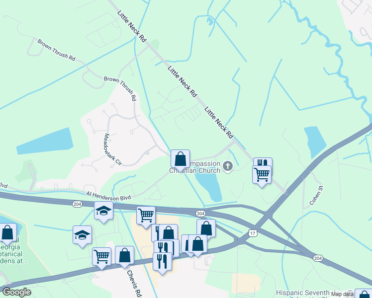 map of restaurants, bars, coffee shops, grocery stores, and more near 76 Al Henderson Boulevard in Savannah