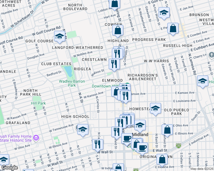 map of restaurants, bars, coffee shops, grocery stores, and more near 515 Storey Avenue in Midland