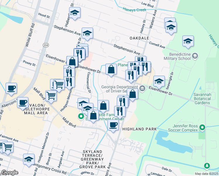 map of restaurants, bars, coffee shops, grocery stores, and more near 675 Highland Drive in Savannah