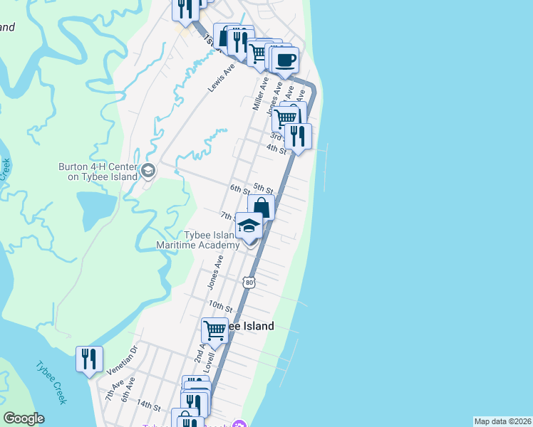map of restaurants, bars, coffee shops, grocery stores, and more near 612 U.S. 80 in Tybee Island