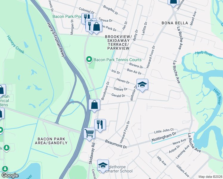 map of restaurants, bars, coffee shops, grocery stores, and more near 8 Gerald Drive in Savannah