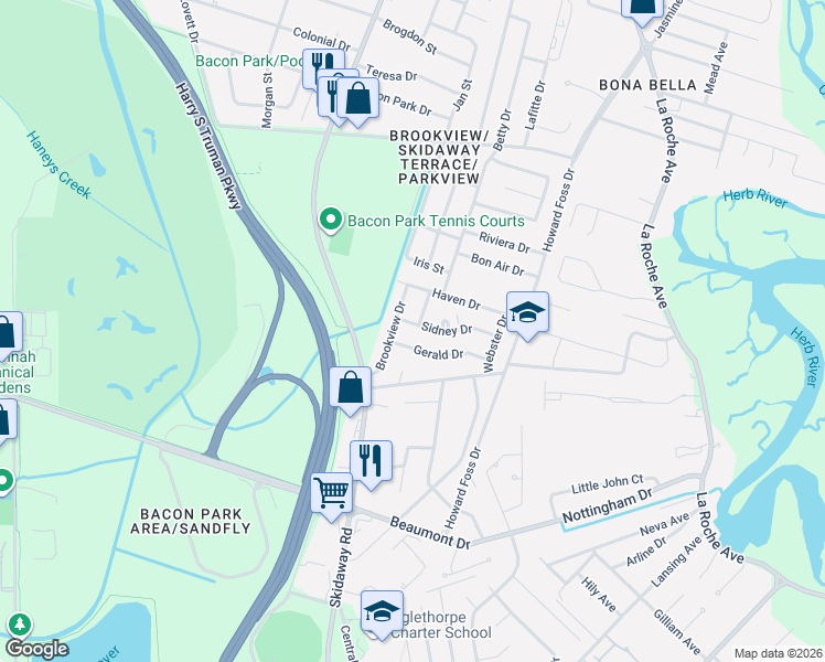 map of restaurants, bars, coffee shops, grocery stores, and more near 8 Gerald Drive in Savannah