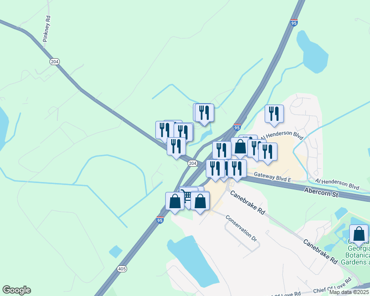 map of restaurants, bars, coffee shops, grocery stores, and more near 2 Gateway Boulevard West in Savannah