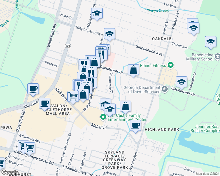 map of restaurants, bars, coffee shops, grocery stores, and more near 334 Commercial Drive in Savannah