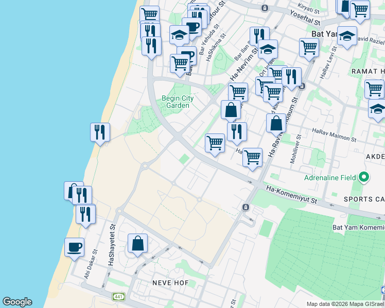 map of restaurants, bars, coffee shops, grocery stores, and more near 16 Ha-Komemiyut Street in Bat Yam
