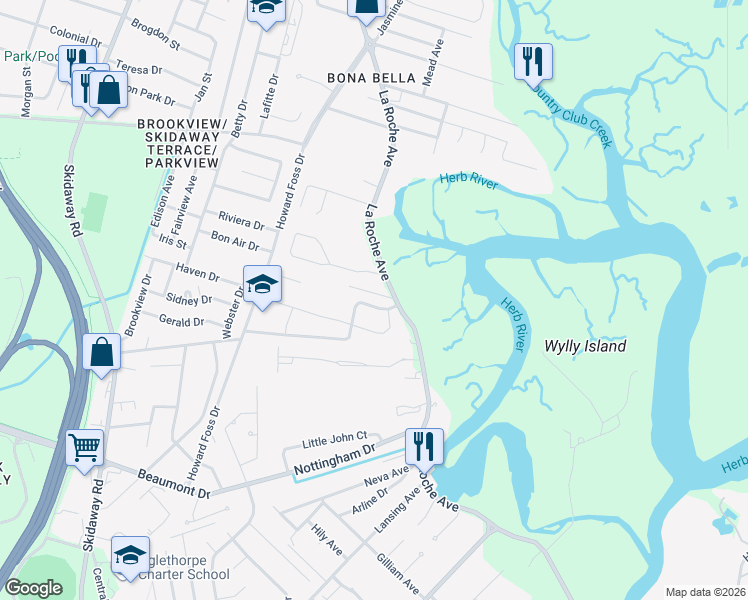 map of restaurants, bars, coffee shops, grocery stores, and more near 109 Caroline's Retreat in Savannah