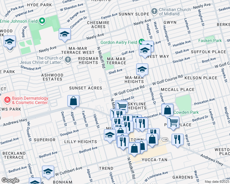map of restaurants, bars, coffee shops, grocery stores, and more near 3214 West Golf Course Road in Midland
