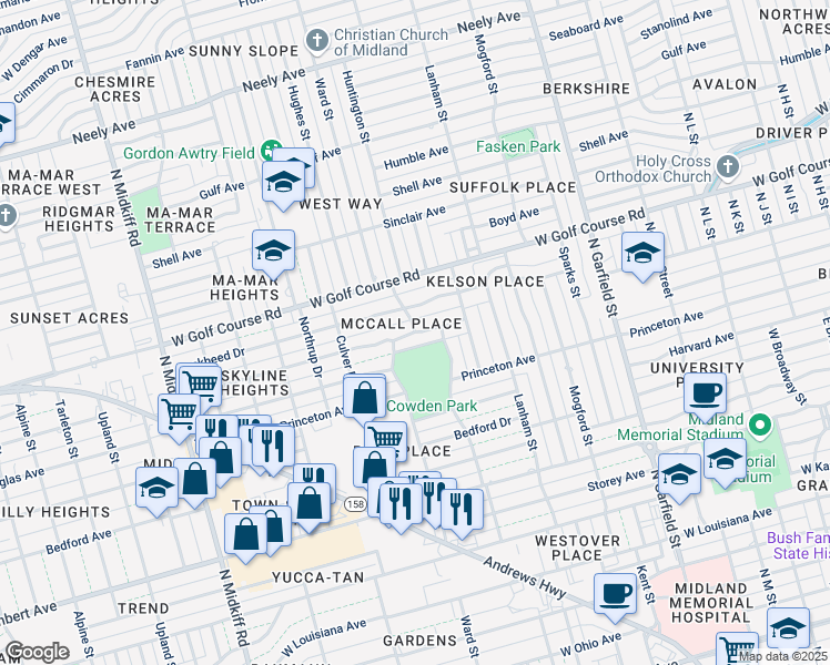map of restaurants, bars, coffee shops, grocery stores, and more near 1509 Ward Street in Midland