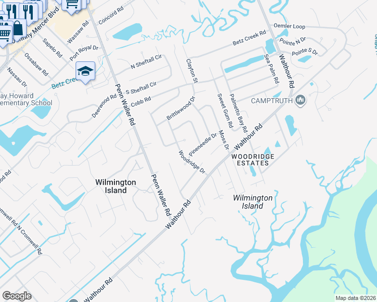 map of restaurants, bars, coffee shops, grocery stores, and more near 1019 Pineneedle Drive in Savannah