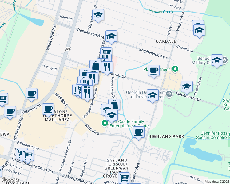 map of restaurants, bars, coffee shops, grocery stores, and more near 3 Commerce Place in Savannah