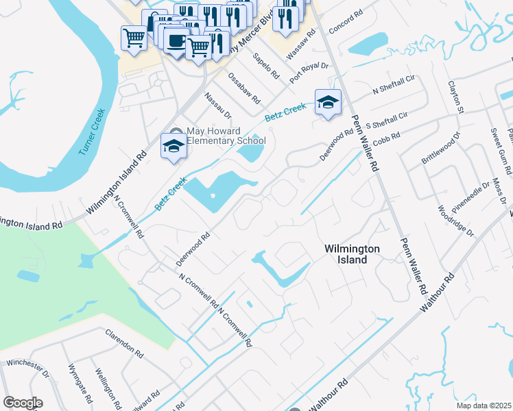 map of restaurants, bars, coffee shops, grocery stores, and more near 5 Cosway Court in Savannah